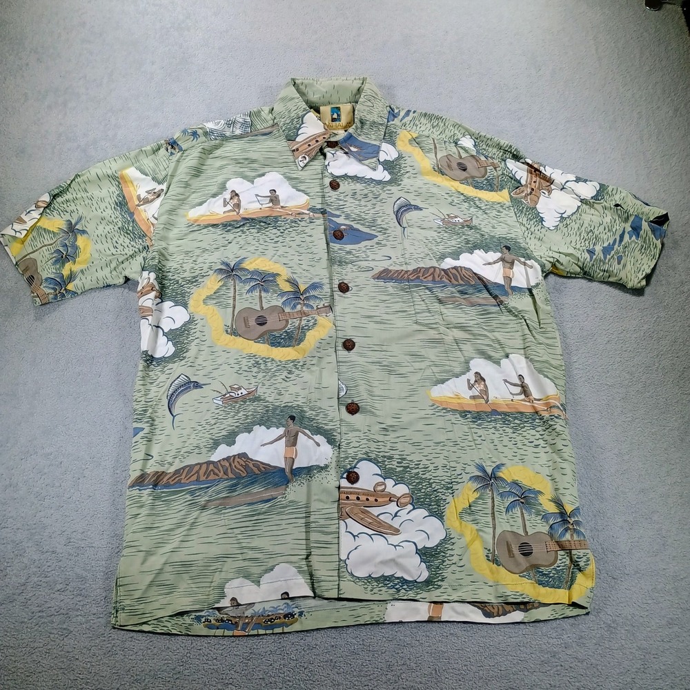 Kahala Mens Interisland Airways M36 Green Rayon Hawaiian Shirt Small Aloha Print